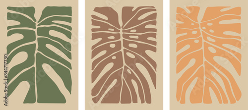 Wall art print set. Abstract boho posters with monstera leaves in abstract, minimalist, matisse, botanical style. Poster, postcard, cover, banner design 