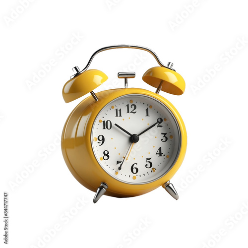 3D rendering of a small yellow alarm clock isolated on a transparent background