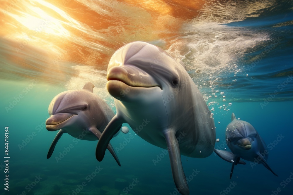 Naklejka premium Pod of dolphins gracefully navigates the sunlit ocean waters