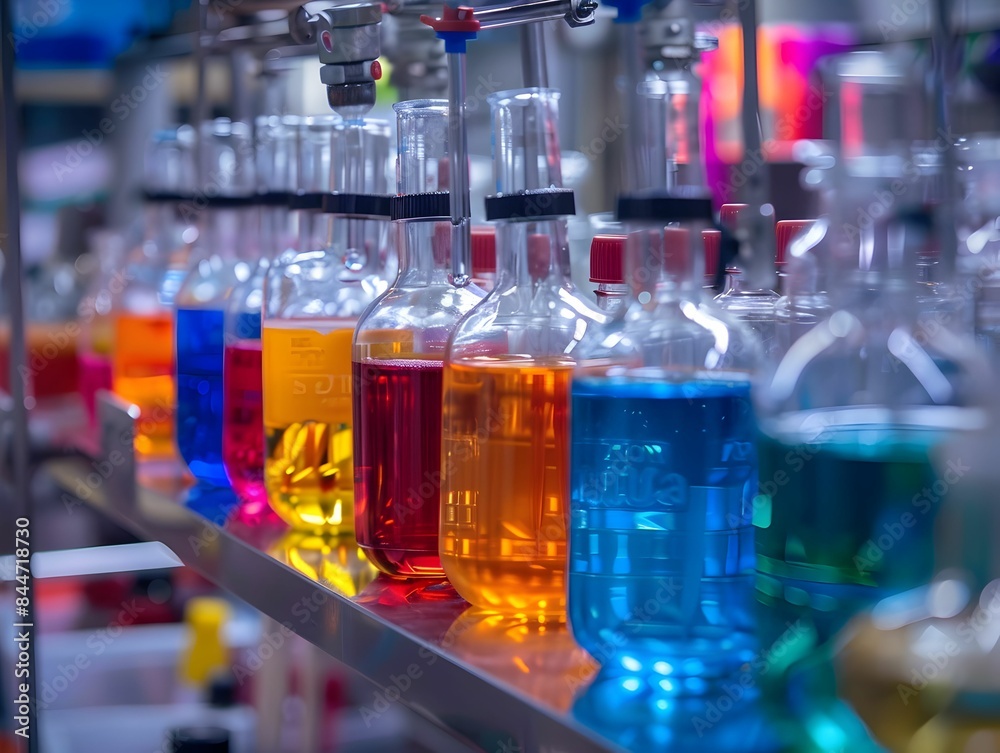 A row of laboratory bottles filled with various colorful chemical solutions on a shelf, showcasing a vibrant scientific environment. A row of laboratory bottles filled with various colorful chemical solutions on a shelf, showcasing a vibrant scientific environment.