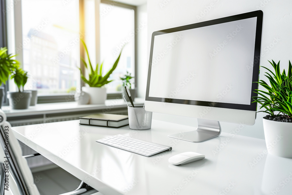 Modern home office workspace with computer and plants on a bright desk Modern home office workspace with computer and plants on a bright desk