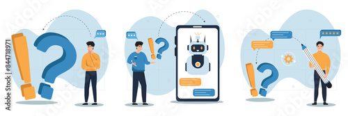 FAQ set illustrations concept. Characters use the FAQ section to get answers to their questions. Communicate with the FAQ chatbot. Questions and answers. Vector illustration.
