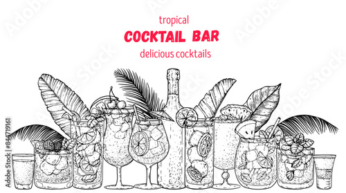 Alcoholic cocktails frame. Tropical cocktails. Hand drawn vector illustration. Cocktails sketch set. Engraved style.