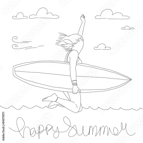 Line art of woman surfboard jumping into the sea at summer time