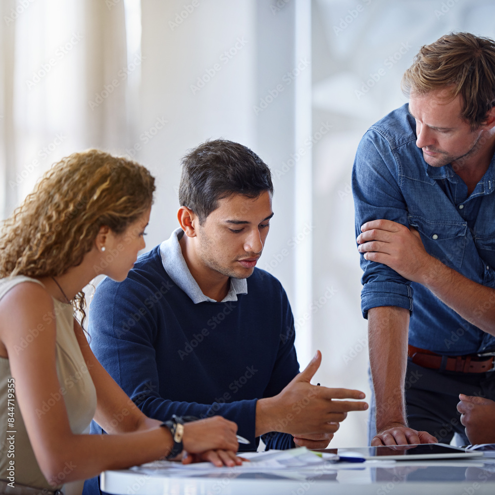 Fototapeta premium Business people, teamwork and meeting with conversation, collaboration and professional in modern office. Staff, employees and coworkers with idea, cooperation and brainstorming for project or review