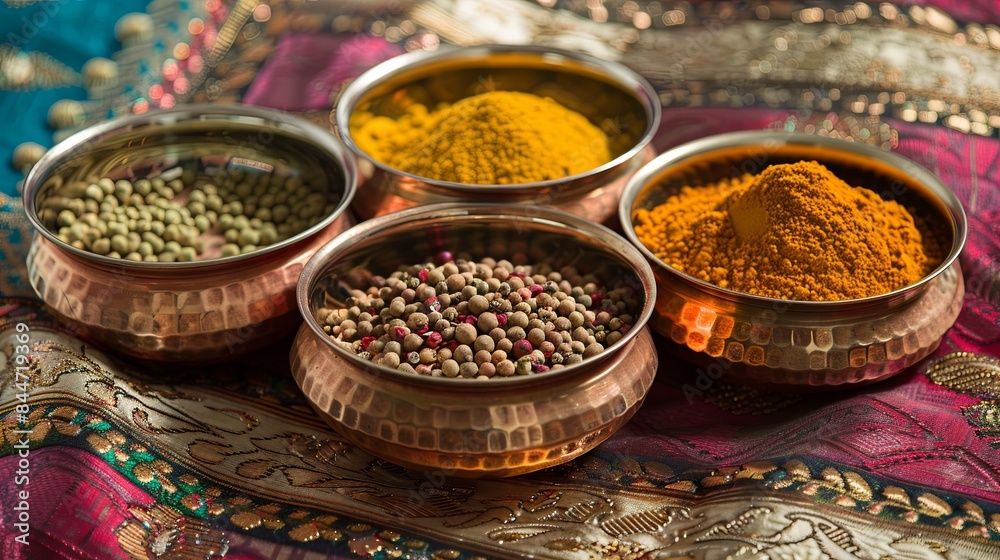 A close-up view of traditional Indian spices in copper bowls, arranged on a colorful fabric background. Generative AI A close-up view of traditional Indian spices in copper bowls, arranged on a colorful fabric background. Generative AI