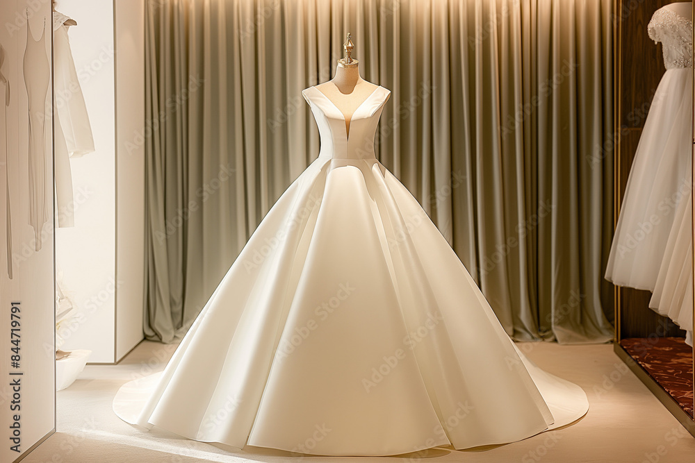 wedding dress on mannequin, A stunning full-length white bridal gown on display in an elegant showroom