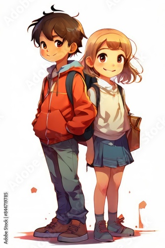 illustration of 2 school children in cartoon and anime style