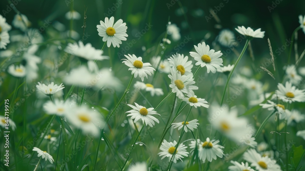 Chamomile on a natural background of green and white Chamomile on a natural background of green and white