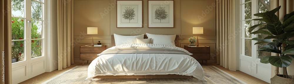 Elegant bedroom beige and white bedding three wall frames minimalist style natural lighting Elegant bedroom beige and white bedding three wall frames minimalist style natural lighting