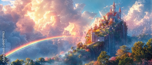 A whimsical fairy tale castle perched on a hill with a vibrant rainbow in the background.  photo