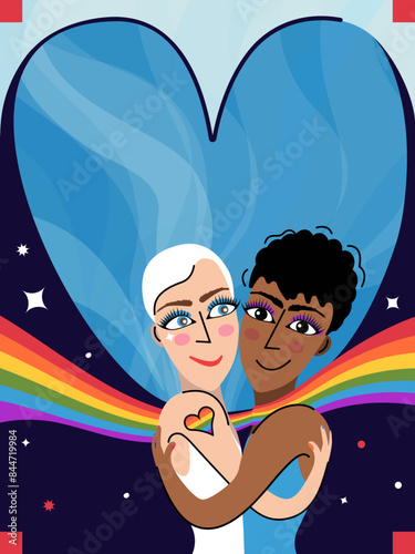 Gay couple hugging. Interracial LGBT men in romantic relationships. Homosexuals fall in love with people of the same sex.