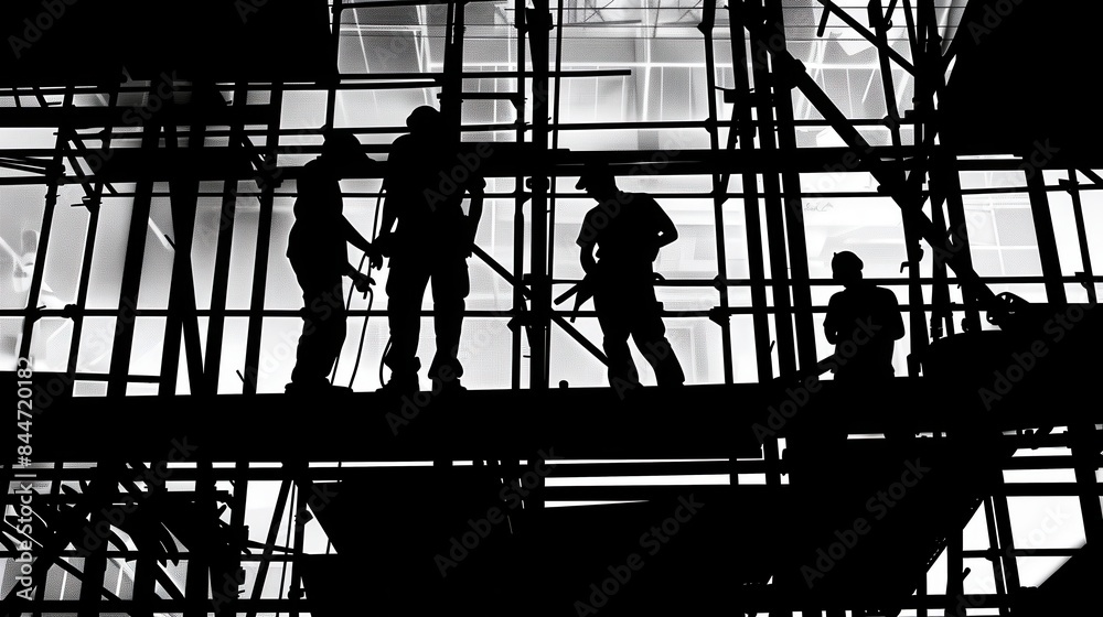 Silhouette of workers on building site, construction site ,black and white color