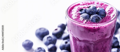 Banner design featuring appetizing blueberry smoothies against a white backdrop.