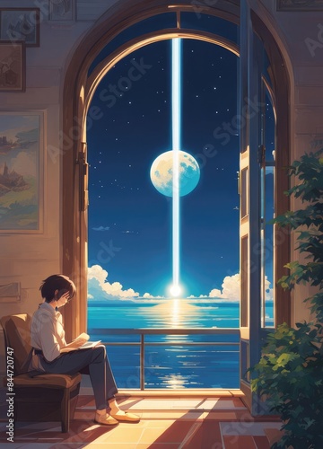 illustration of a lone person at night by moonlight in anime and cartoon style.