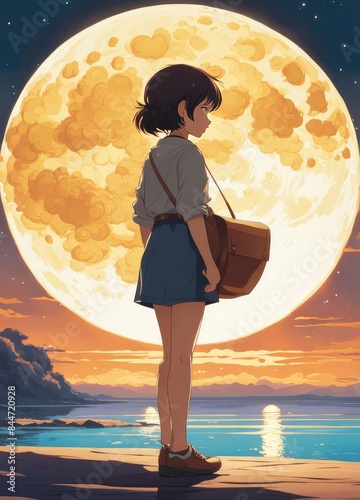 illustration of a lone person at night by moonlight in anime and cartoon style.