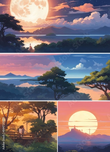 illustration of a lone person at night by moonlight in anime and cartoon style.