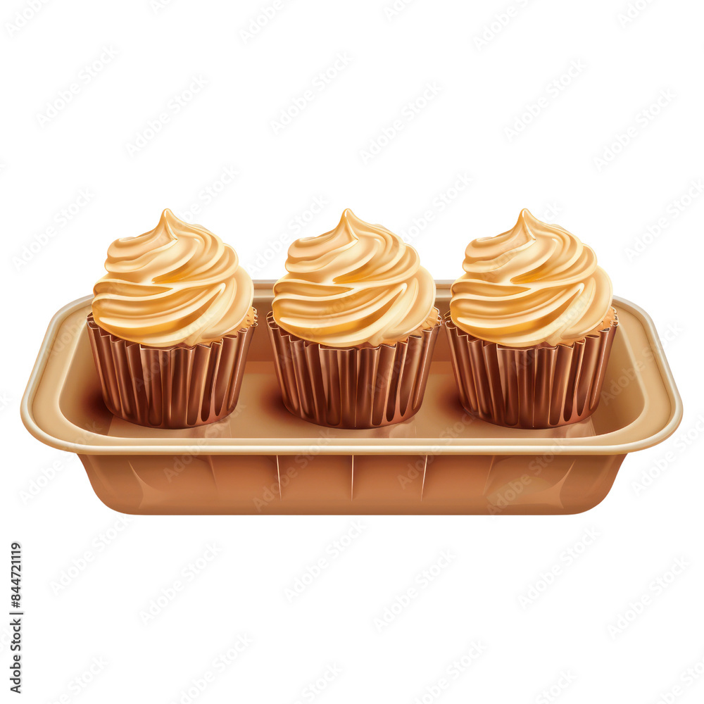 Three delicious cupcakes with swirl frosting in a tray, perfect for bakery promotions, recipes, and dessert presentations. Three delicious cupcakes with swirl frosting in a tray, perfect for bakery promotions, recipes, and dessert presentations.