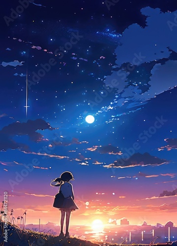 illustration of a lone person at night by moonlight in anime and cartoon style.