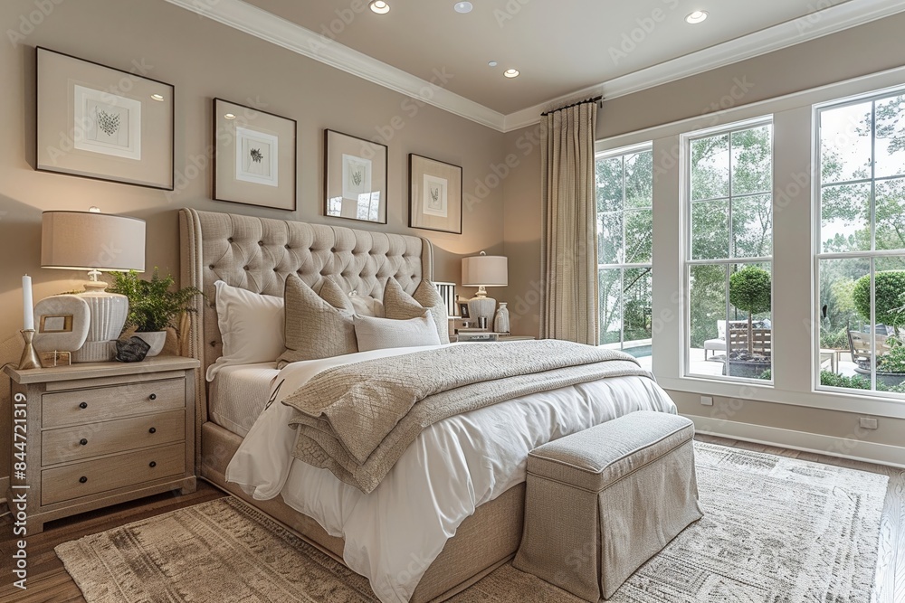 Modern bedroom beige and white color scheme three blank frames comfy bedding airy atmosphere Modern bedroom beige and white color scheme three blank frames comfy bedding airy atmosphere