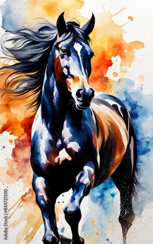 illustration of a galloping black horse, ink painting, watercolor, and abstract on a white background.