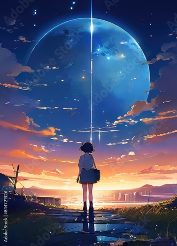 illustration of a lone person at night by moonlight in anime and cartoon style.