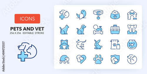 Line icons about pets and vet. Contains such icons as grooming, pet friendly, supplies and more. 256x256 Pixel Perfect editable in two colors