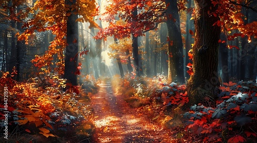 Forest Path A magical forest scene featuring a winding path carpeted with fallen leaves flanked by towering trees adorned with vibrant autumn colors. 