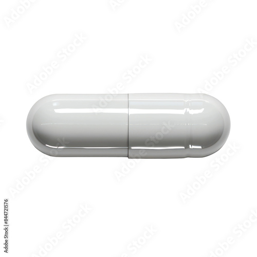 Close-up of a single white pill capsule on a plain white background, emphasizing its simplicity and clean design.