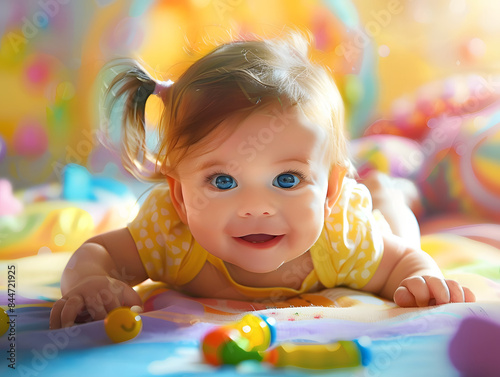 A smiling baby lying on a colorful blanket, surrounded by toys in a playful, joyful setting.
