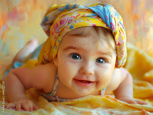 A smiling baby with a colorful headscarf, lying on a yellow blanket, radiating joy and innocence.