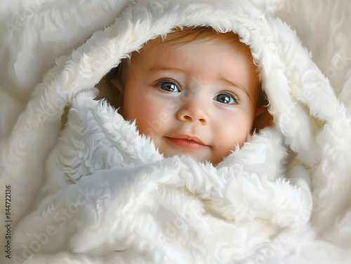 A cute baby wrapped in a fluffy white blanket, gazing adorably with bright eyes.