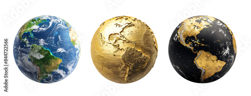 Three Earth globes: one showing natural colors, one in gold, and one in black and gold, representing different styles.