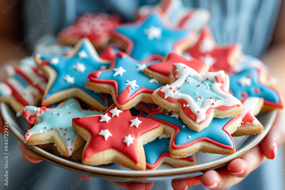 A close-up shot of a person holding a plate of 4th of July themed cookies, decorated with stars and stripes icing A close-up shot of a person holding a plate of 4th of July themed cookies, decorated with stars and stripes icing