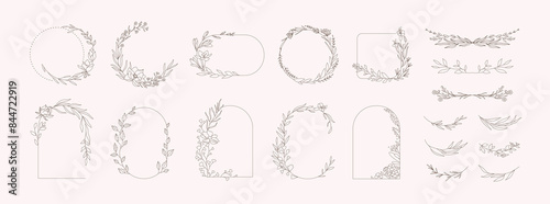 Set of different floral frame from flat editable stroke. Luxury line floral collection for wedding invitation art, design template of save the date card