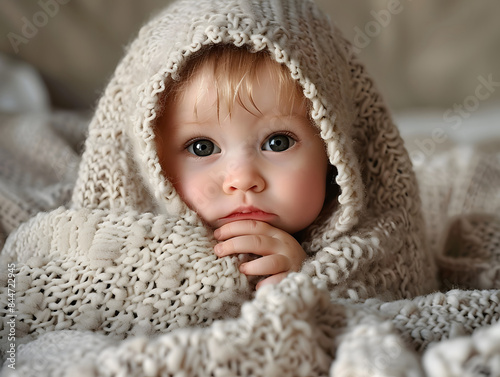 A baby wrapped in a cozy, knitted blanket, looking adorable with wide eyes.