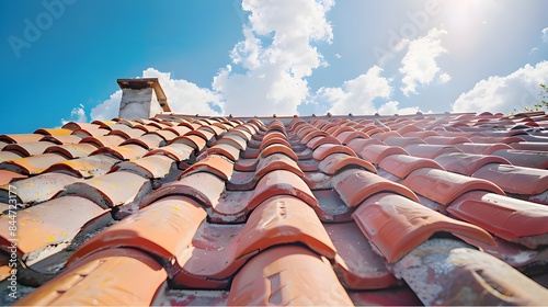 Close-up of a red tiled roof under a bright blue sky, capturing the texture and warmth of the tiles.