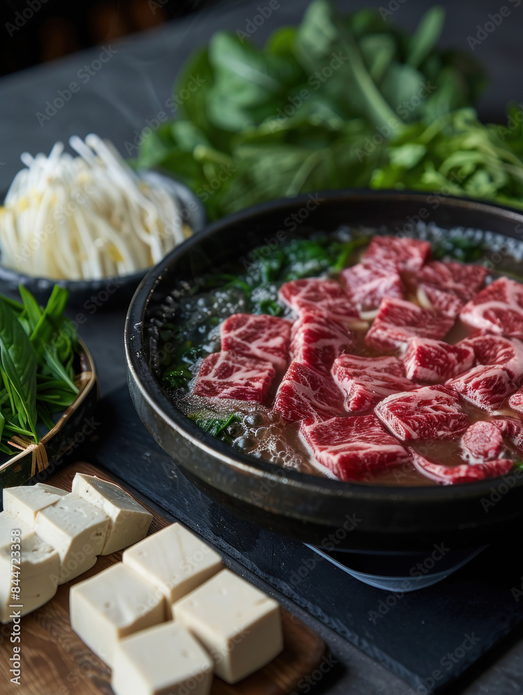 A sizzling beef steak with grilled vegetables on a plate