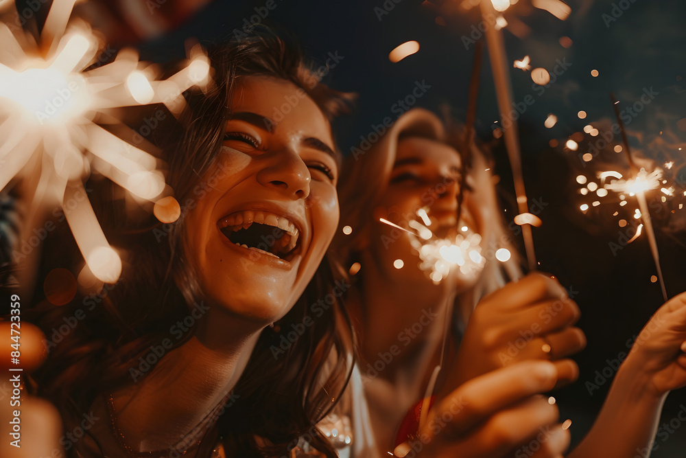 Obraz premium A close-up shot of sparklers in the hands of friends, with their joyful faces illuminated by the light and an American flag in the background
