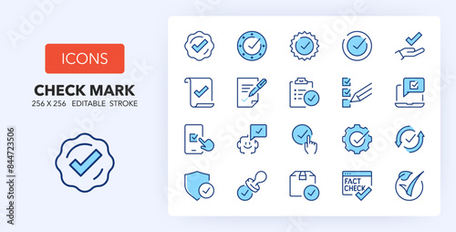 Line icons about check marks. Contains such icons as agreement, approval, certificate and more. 256x256 Pixel Perfect editable in two colors photo