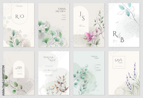 Set of floral invitation save the date card with watercolor branch and flowers. Luxury vintage botanic template layout design, brochure or cover
