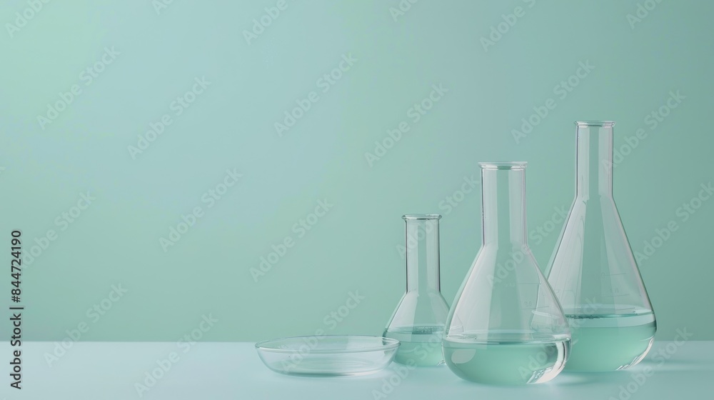 Minimalist setup with petri dish boiling flask beaker and flask on pastel green background Room for text or decoration Minimalist setup with petri dish boiling flask beaker and flask on pastel green background Room for text or decoration