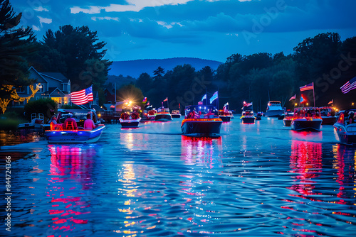 A vibrant photo of a boat parade on a lake, with boats decorated with American flags and festive lights, celebrating the 4th of July