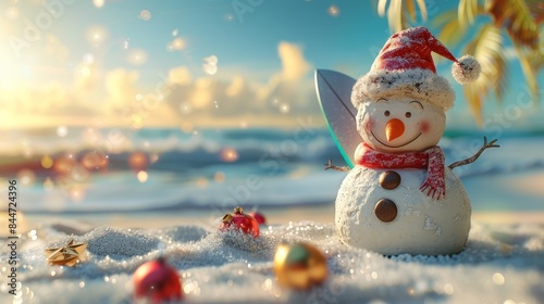 A snowman with a surfboard on a beach, Christmas in July