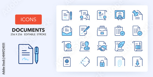 Line icons about documents. Contains such icons as agreement, contract, checklist and more. 256x256 Pixel Perfect editable in two colors photo