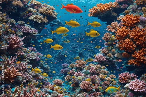 A vibrant coral reef teeming with colorful fish and marine life