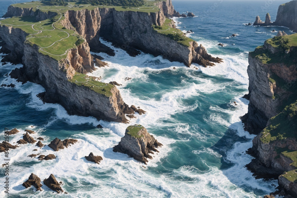 Obraz premium A serene coastal scene with rocky cliffs and waves crashing below