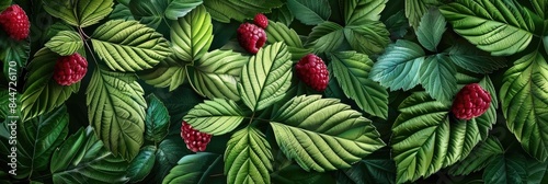 A background of ripe juicy raspberries among green leaves. A sweet healthy snack.