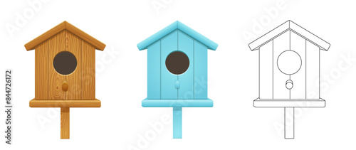 Bird house set, birdhouse for tree in spring garden or park. Nest box from brown wood, blue feeder for sparrow, starling and titmouse, outline icon, vector illustration