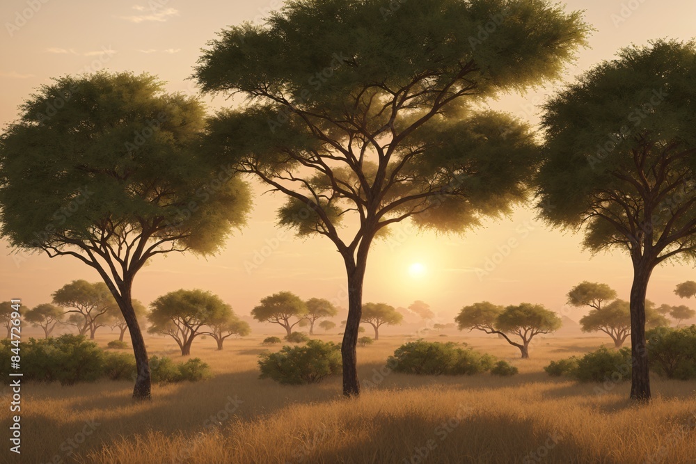 Obraz premium A serene savannah with acacia trees and a golden sunset